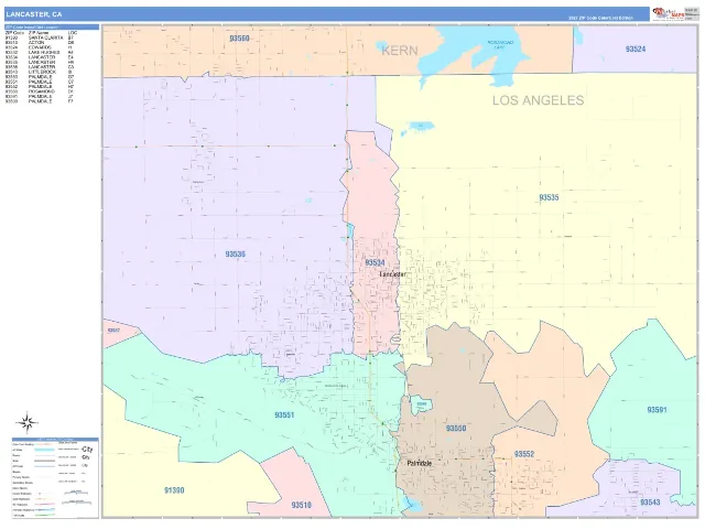 Lancaster, CA ZIP Code Wall Map, ColorCast style