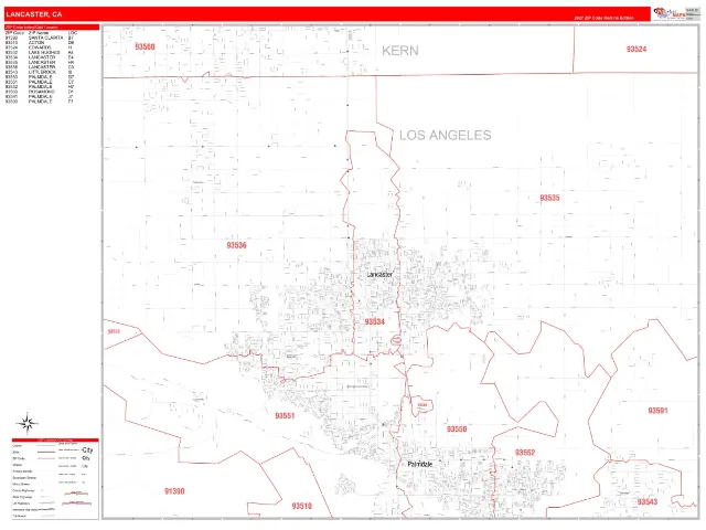 Lancaster, CA ZIP Code Wall Map, RedLine style