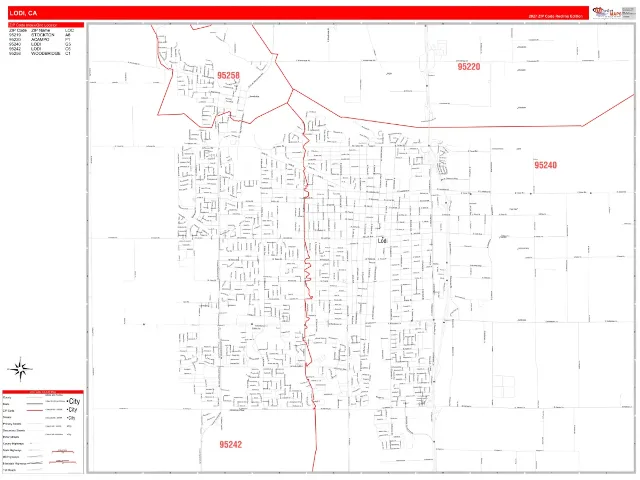 Lodi, CA ZIP Code Wall Map, RedLine style