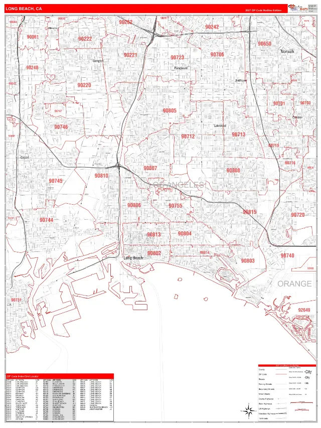 Long Beach, CA ZIP Code Wall Map, RedLine style