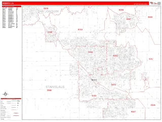 Modesto, CA RedLine style ZIP Code wall map
