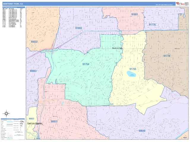 Monterey Park, CA ZIP Code Wall Map, ColorCast style