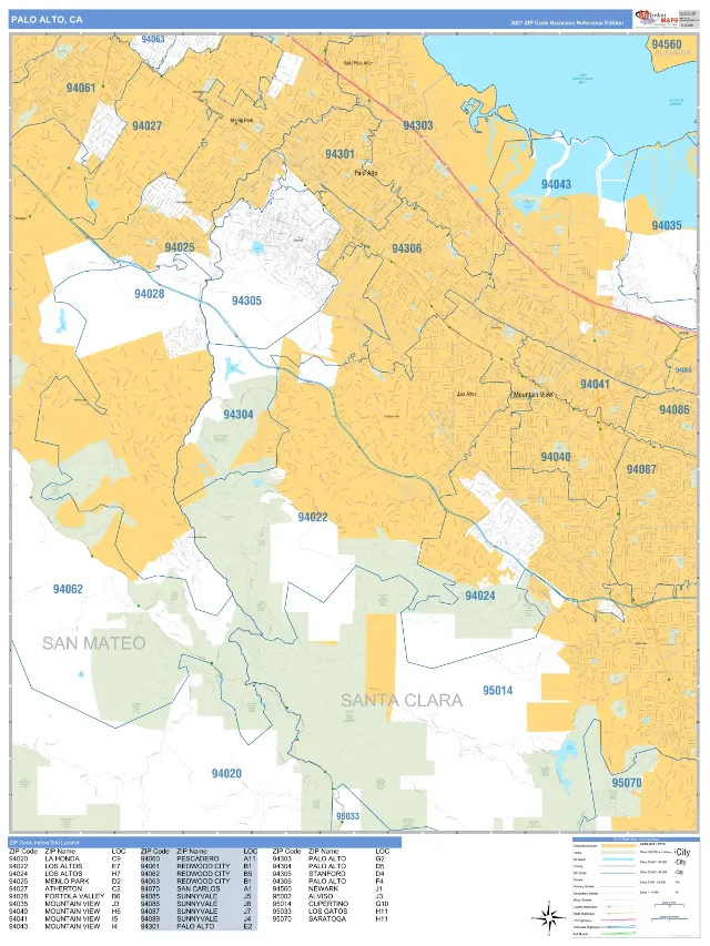 Palo Alto, CA ZIP Code Wall Map, Business Reference style