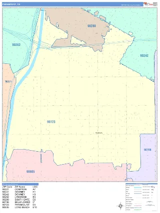 Paramount, CA ColorCast style ZIP Code wall map