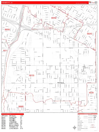 Paramount, CA RedLine style ZIP Code wall map
