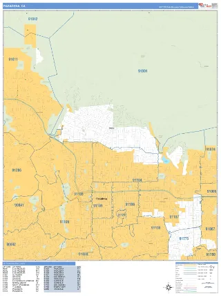 Pasadena, CA Business Reference style ZIP Code wall map