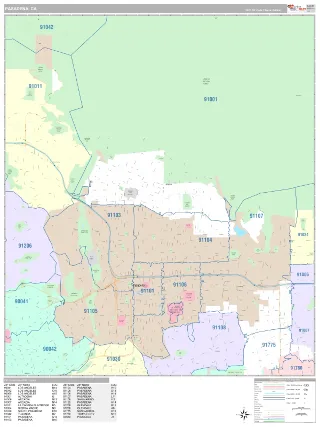 Pasadena, CA Classic style ZIP Code wall map