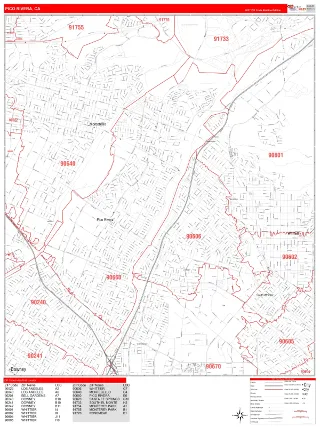 Pico Rivera, CA RedLine style ZIP Code wall map