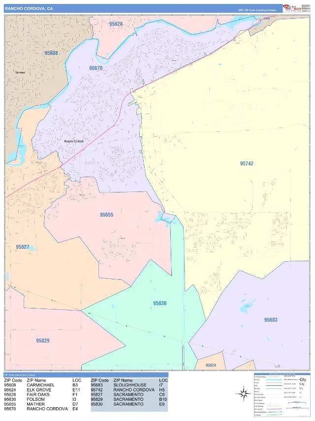 Rancho Cordova, CA ZIP Code Wall Map, ColorCast style