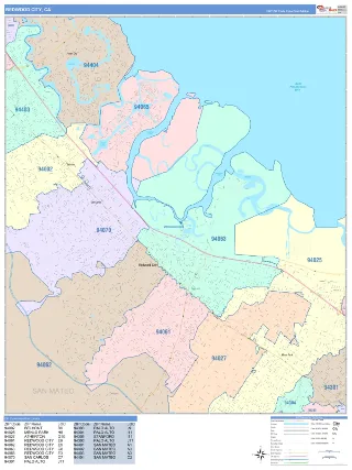 Redwood City, CA ColorCast style ZIP Code wall map