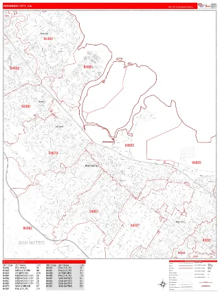 Redwood City, CA RedLine style ZIP Code wall map