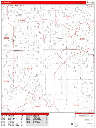Rosemead, CA RedLine style ZIP Code wall map