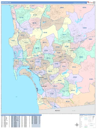 San Diego, CA ColorCast style ZIP Code wall map