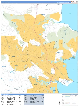 San Rafael, CA Business Reference style ZIP Code wall map