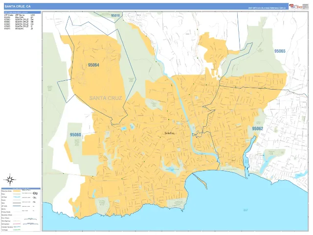 Santa Cruz, CA ZIP Code Wall Map, Business Reference style
