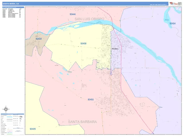 Santa Maria, CA ZIP Code Wall Map, ColorCast style