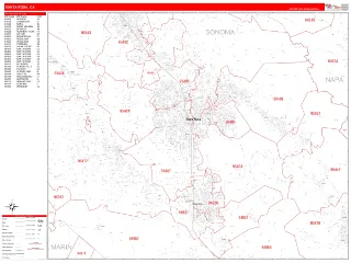 Santa Rosa, CA RedLine style ZIP Code wall map