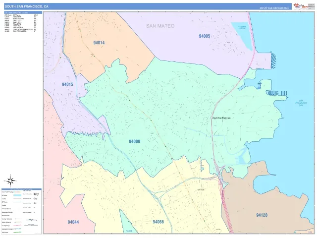 South San Francisco, CA ZIP Code Wall Map, ColorCast style