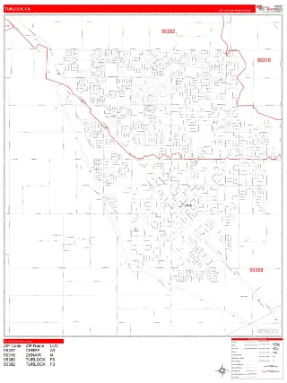 Turlock, CA RedLine style ZIP Code wall map