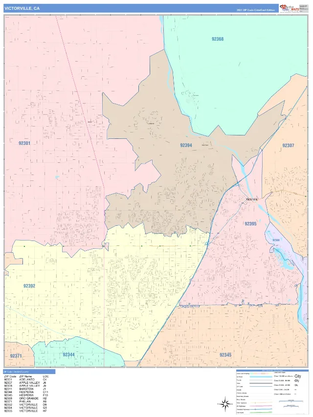 Victorville, CA ZIP Code Wall Map, ColorCast style