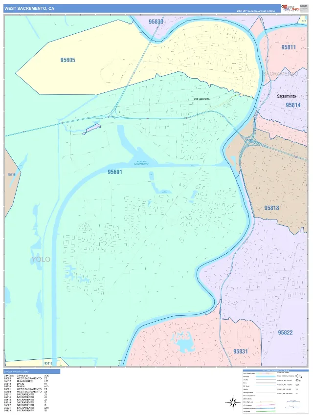 West Sacramento, CA ZIP Code Wall Map, ColorCast style