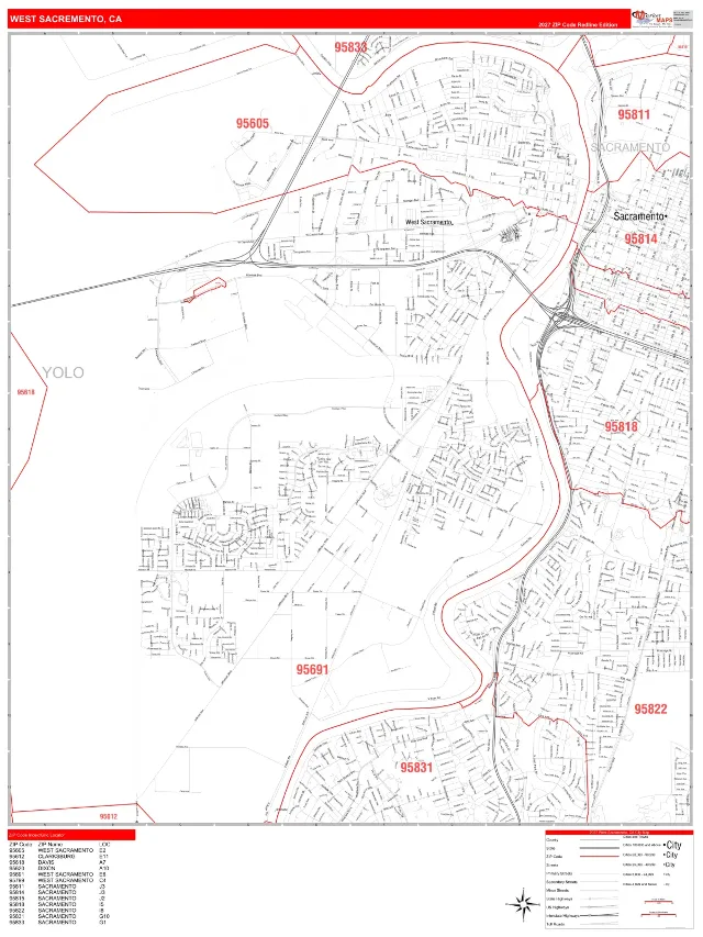 West Sacramento, CA ZIP Code Wall Map, RedLine style