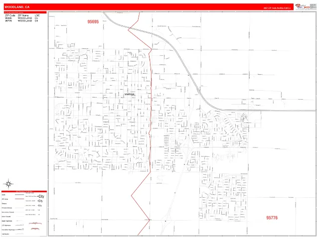 Woodland, CA ZIP Code Wall Map, RedLine style