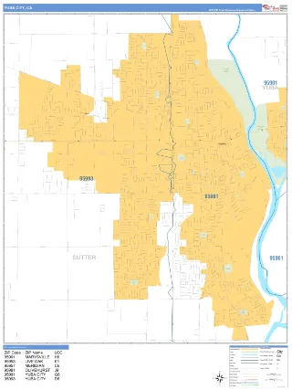 Yuba City, CA Business Reference style ZIP Code wall map
