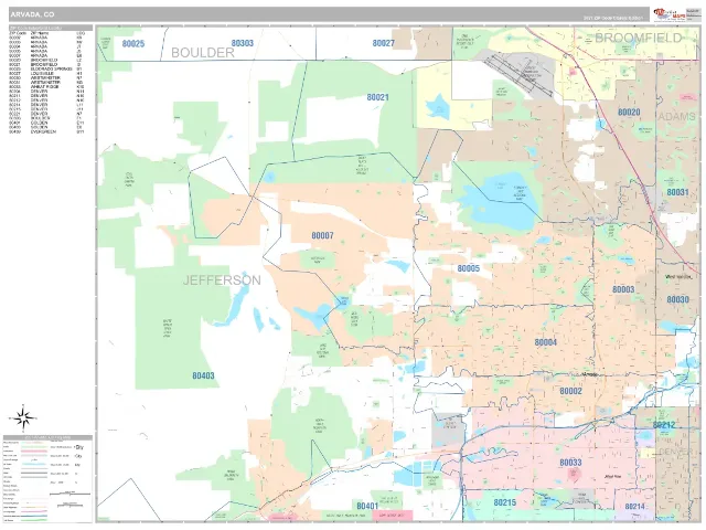 Arvada, CO ZIP Code Wall Map, Classic style