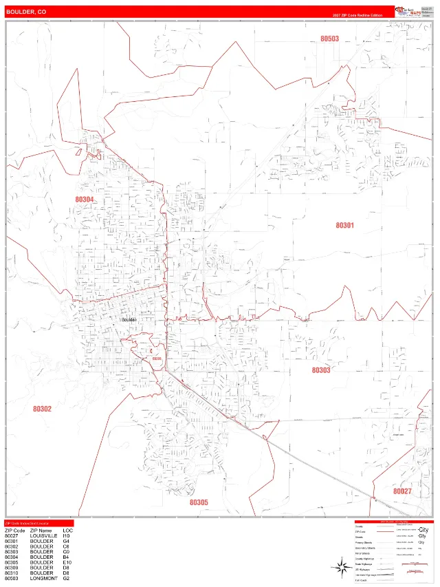 Boulder, CO ZIP Code Wall Map, RedLine style