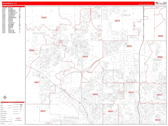 Broomfield, CO ZIP Code Wall Map, RedLine style