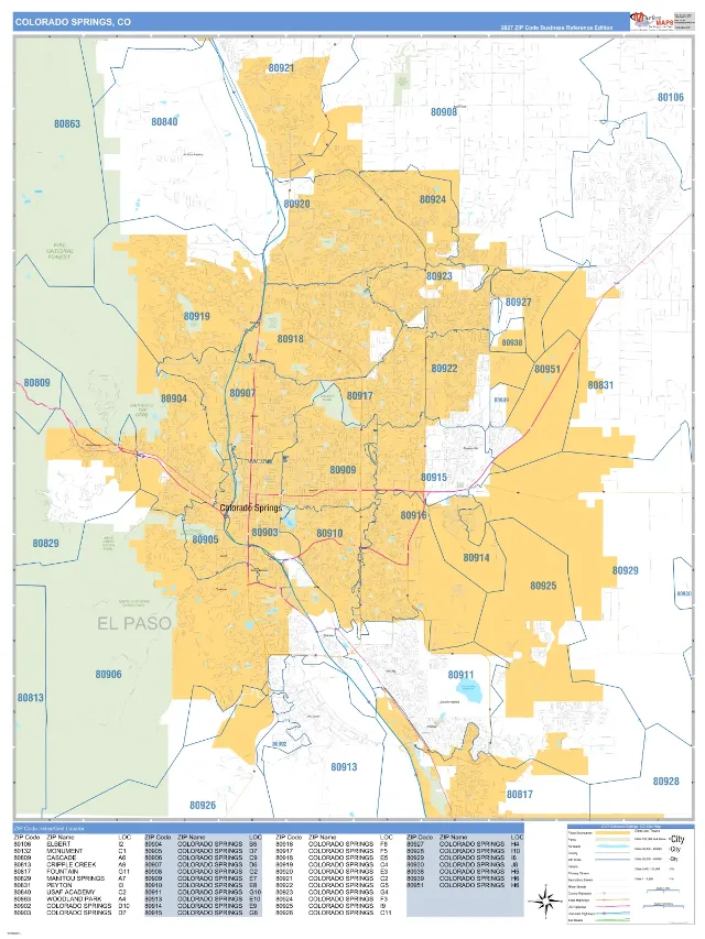 Colorado Springs, CO ZIP Code Wall Map, Business Reference style