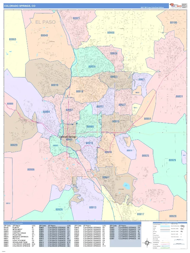 Colorado Springs, CO ZIP Code Wall Map, ColorCast style