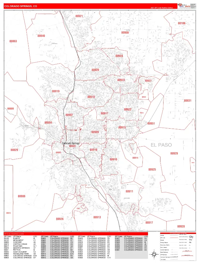 Colorado Springs, CO ZIP Code Wall Map, RedLine style