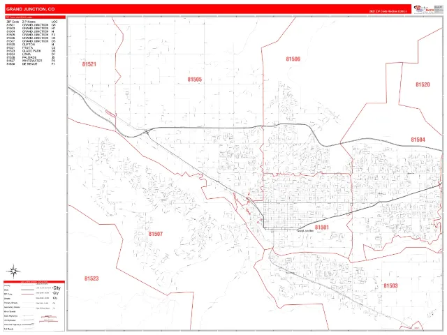 Grand Junction, CO ZIP Code Wall Map, RedLine style