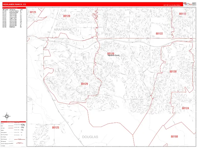 Highlands Ranch, CO ZIP Code Wall Map, RedLine style