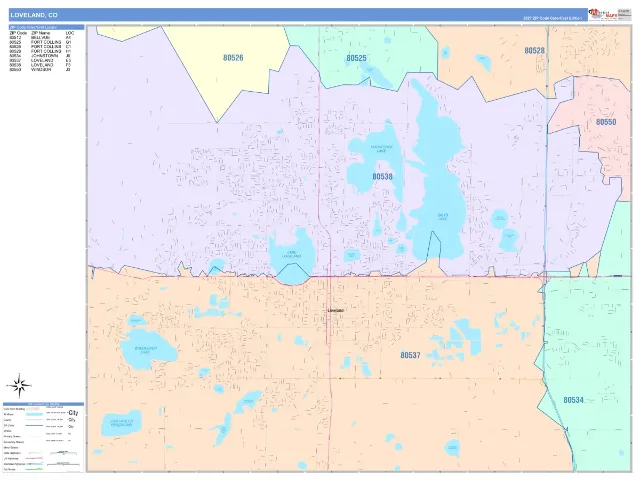 Loveland, CO ZIP Code Wall Map, ColorCast style