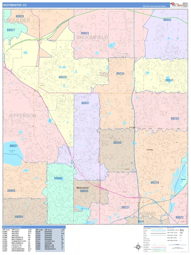Westminster, CO ZIP Code Wall Map, ColorCast style