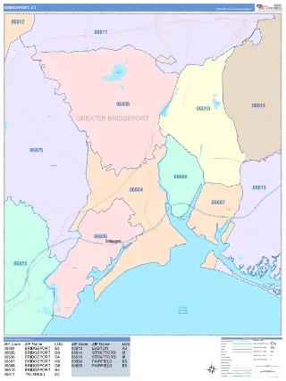 Bridgeport, CT ColorCast style ZIP Code wall map