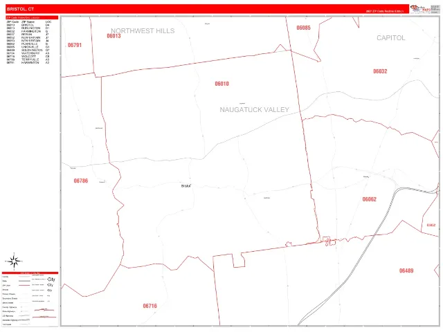 Bristol, CT ZIP Code Wall Map, RedLine style