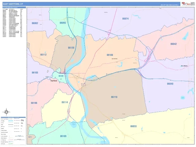 East Hartford, CT ZIP Code Wall Map, ColorCast style