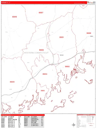 Norwalk, CT RedLine style ZIP Code wall map