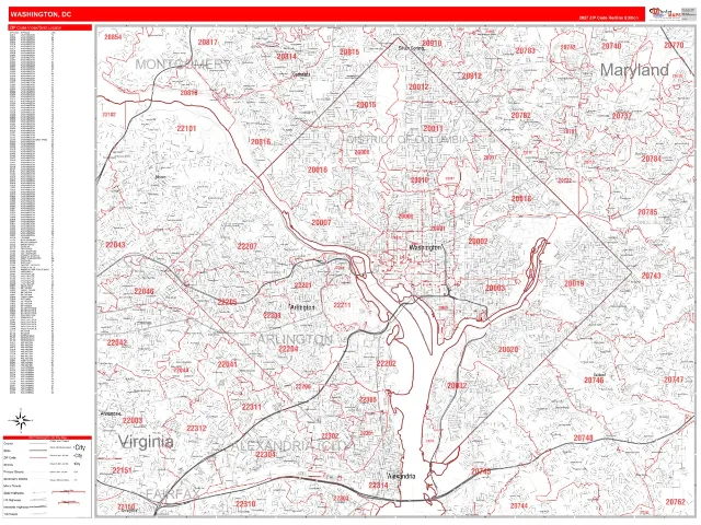 Washington, DC ZIP Code Wall Map, RedLine style