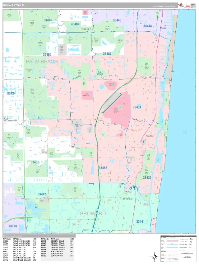 Boca Raton, FL ZIP Code Wall Map, Classic style