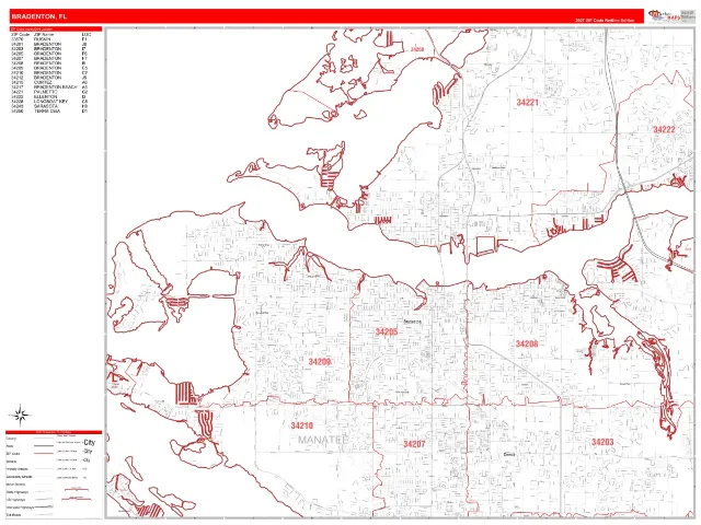 Bradenton, FL ZIP Code Wall Map, RedLine style