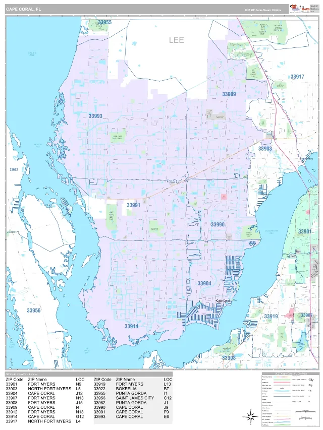 Cape Coral, FL ZIP Code Wall Map, Classic style