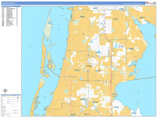 Clearwater, FL ZIP Code Wall Map, Business Reference style