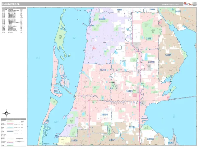 Clearwater, FL ZIP Code Wall Map, Classic style