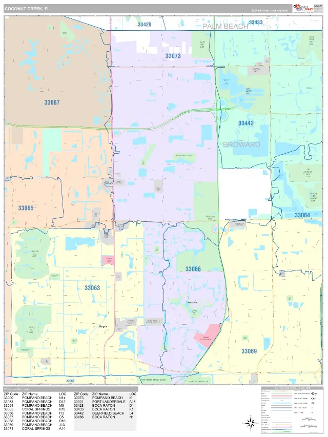 Coconut Creek, FL ZIP Code Wall Map, Classic style
