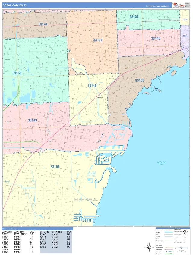 Coral Gables, FL ZIP Code Wall Map, ColorCast style